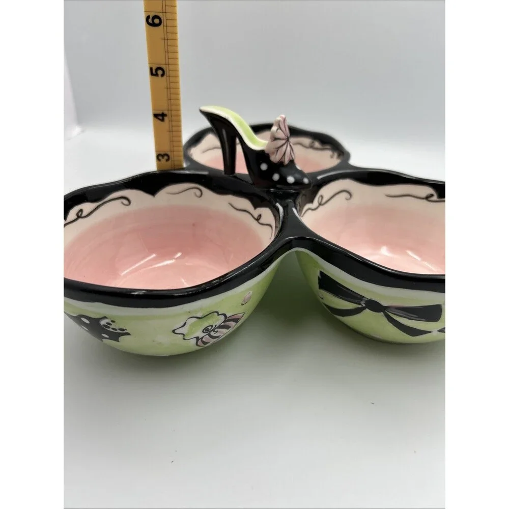 Vintage Clay Art 3 Section Serving Dish High Heel Shoe Purse Pink Green Ceramic